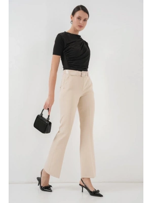 65 Kemerli İspanyol Paça Pantolon  Krem