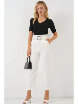 6556 Kemerli Kumaş Pantolon  Ekru