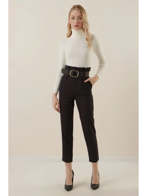 6556 Kemerli Kumaş Pantolon  Siyah