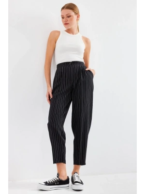 6637 Yüksek Bel Çizgili Kumaş Pantolon  Siyah