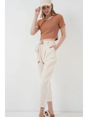 6660 Kemerli Keten Pantolon  Krem