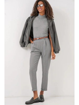 6686 Pileli Kemerli Kumaş Pantolon  Gri
