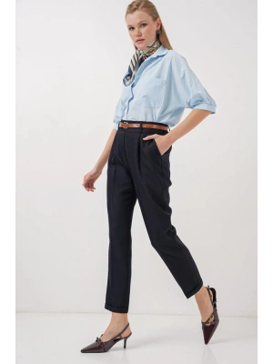 6686 Pileli Kemerli Kumaş Pantolon  Lacivert