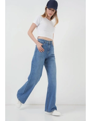 6702 Bol Paça Yüksek Bel Palazzo Kot Pantolon  Lacivert