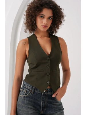 6796 Kısa Dokuma Yelek  Haki