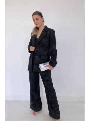 Siyah Çizgili Ceket  Yelek Ve Pantolon Takım