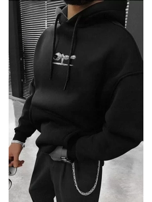 Erkek Baskılı Kapüşonlu Ve Kordon İpli weat  iyah