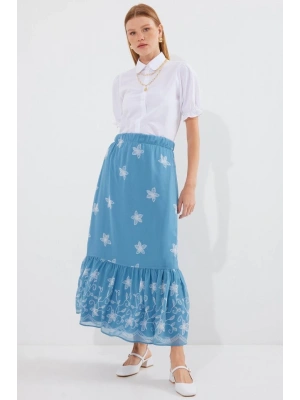 8010 Desenli Şifon Etek  İndigo