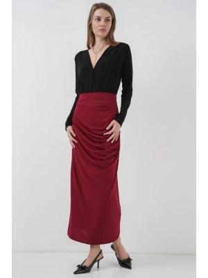 8035 Büzgülü Midi Etek  Bordo