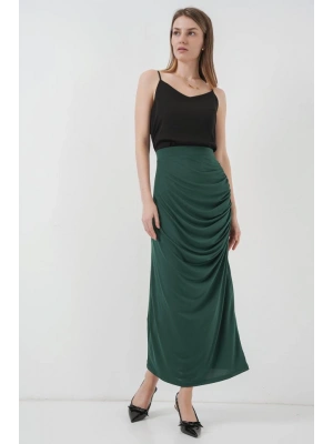 8035 Büzgülü Midi Etek  Zümrüt Yeşili