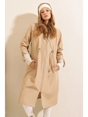 9091 Beli Büzgülü Kapşonlu Trençkot  Bej
