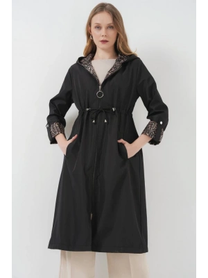 9091 Beli Büzgülü Kapşonlu Trençkot  Düz Siyah