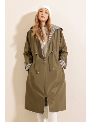 9091 Beli Büzgülü Kapşonlu Trençkot  Haki