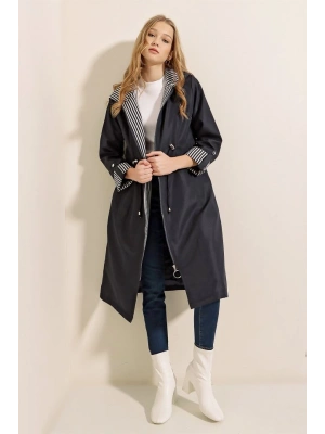 9091 Beli Büzgülü Kapşonlu Trençkot  Lacivert