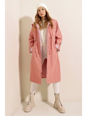 9091 Beli Büzgülü Kapşonlu Trençkot  Pembe
