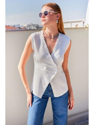 916 Düğme Detaylı Örme Yelek  Beyaz