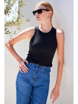 917 Bisiklet Yaka Fitilli Kolsuz Bluz  Siyah