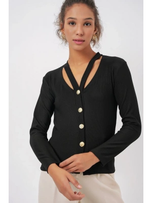 924 Düğmeli Basic Triko Hırka  Siyah