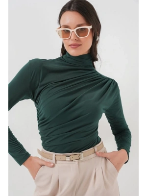 925 Büzgü Detaylı Sandy Bluz  Zümrüt Yeşili