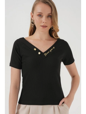 928 Kısa Kol V Yaka Bluz  Siyah