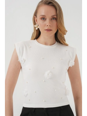 929 Kısa Kol Örme Bluz  Beyaz
