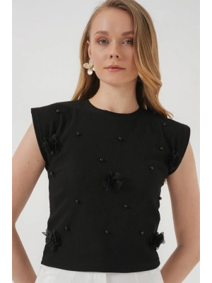 929 Kısa Kol Örme Bluz  Siyah