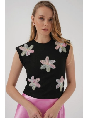 930 Kısa Kol Desenli Crop Bluz  Siyah