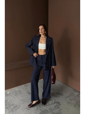 acivert Çizgili Ceket Ve Pantolon Takım