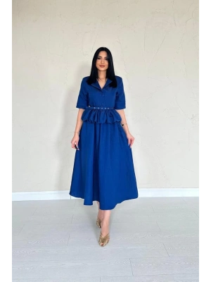 Lacivert İnce Kemerli Fırfırlı Ceket Ve Büzgülü Etek Takım