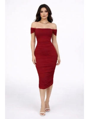 adonna Yaka Drapeli idi Elbise ikralı Vücuda Oturan Davet Elbisesi  Bordo