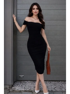 adonna Yaka Drapeli idi Elbise ikralı Vücuda Oturan Davet Elbisesi  iyah