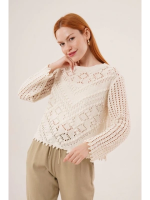 Ajurlu Delikli Model Mevsimlik Krem Kazak