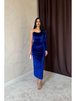 Saks Tek Omuzlu Taş Askılı Elbise