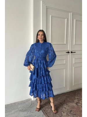 aks Valonlu Şeritli Kat Kat Elbise