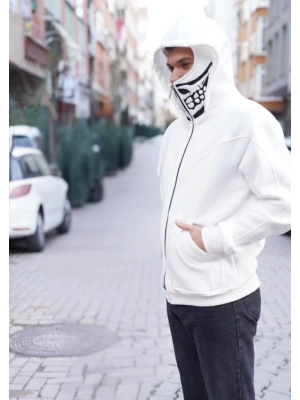 amuray Kapşonlu ZIP Fermuarlı Çift Kapşonlu Nakışlı weathirt Beyaz