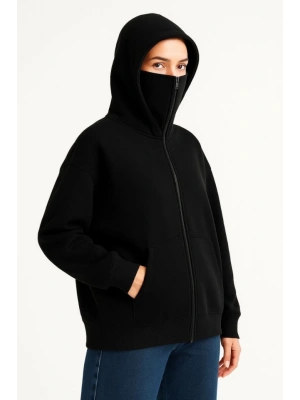 amuray Ninja Çift Kapşonlu ZIP Fermuarlı Kanguru Çepli Hoodie aske Detaylı wetshirt  iyah