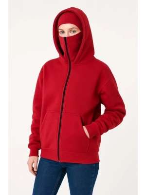 amuray Ninja Çift Kapşonlu ZIP Fermuarlı Kanguru Çepli Hoodie aske Detaylı wetshirt  Kırmızı