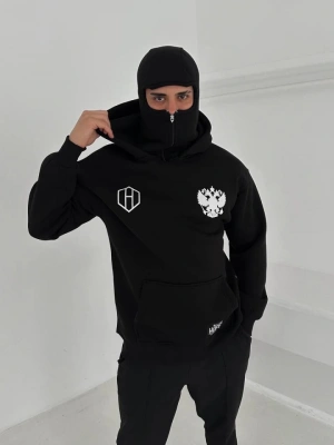 amuray Ninja Çift Kapşonlu ZIP Fermuarlı Kanguru Çepli Tam Fermuarlı Hoodie ön Ve Arka Baskılı aske Detaylı wetshirt  iyah
