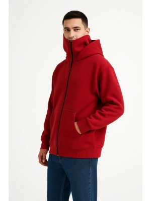 amuray Ninja Çift Kapşonlu ZIP Fermuarlı Kanguru Çepli Tam Fermuarlı Hoodie wetshirt  Kırmızı