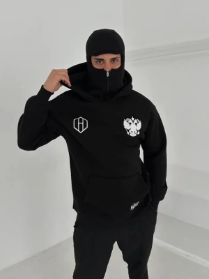 amuray Ninja Çift Kapşonlu ZIP Fermuarlı Kanguru Çepli Tam Fermuarlı ön Arka  iyah