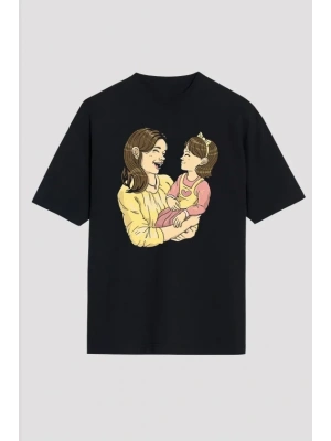 Anneler Günü Hediye Anne Kız Temalı Baskılı Oversize Bisiklet Yaka Tshirt  iyah