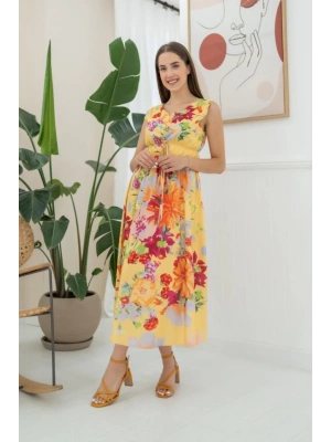 arı Çiçek Desenli Yazlık Elbise