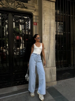 Arkadan Yırtmaçlı Jeans Kot Palazzo Pantolon  avi