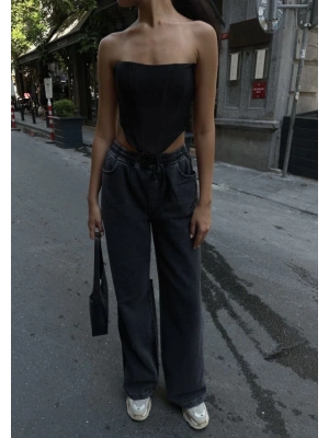 Arkadan Yırtmaçlı Jeans Kot Palazzo Pantolon  iyah