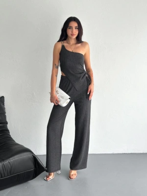 Asimetrik Crop Pantalon Ikili Takım  Füme