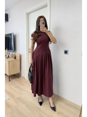 Asimetrik Düşük Yaka Kolsuz Uzun Elbise  Bordo
