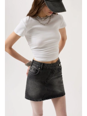 Asimetrik Kemer Denim Mini Etek