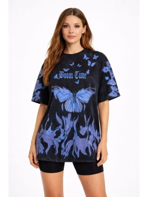 Asit Yıkamalı Oversize Tişört avi Kelebek Baskılı Dijital Print Bisiklet Yaka treetwear Thirt  iyah