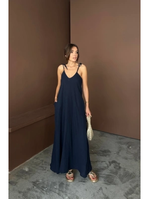 ASKILI UZUN SALAŞ ÜSLİN ELBİSE  Lacivert