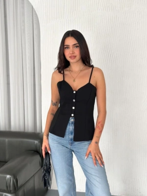 Askılı Dekolte Deraylı Bluz Crop  iyah